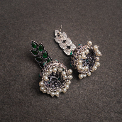 Green Stone Studded German Silver Danglers With Stone Embedded Brass Jhumki