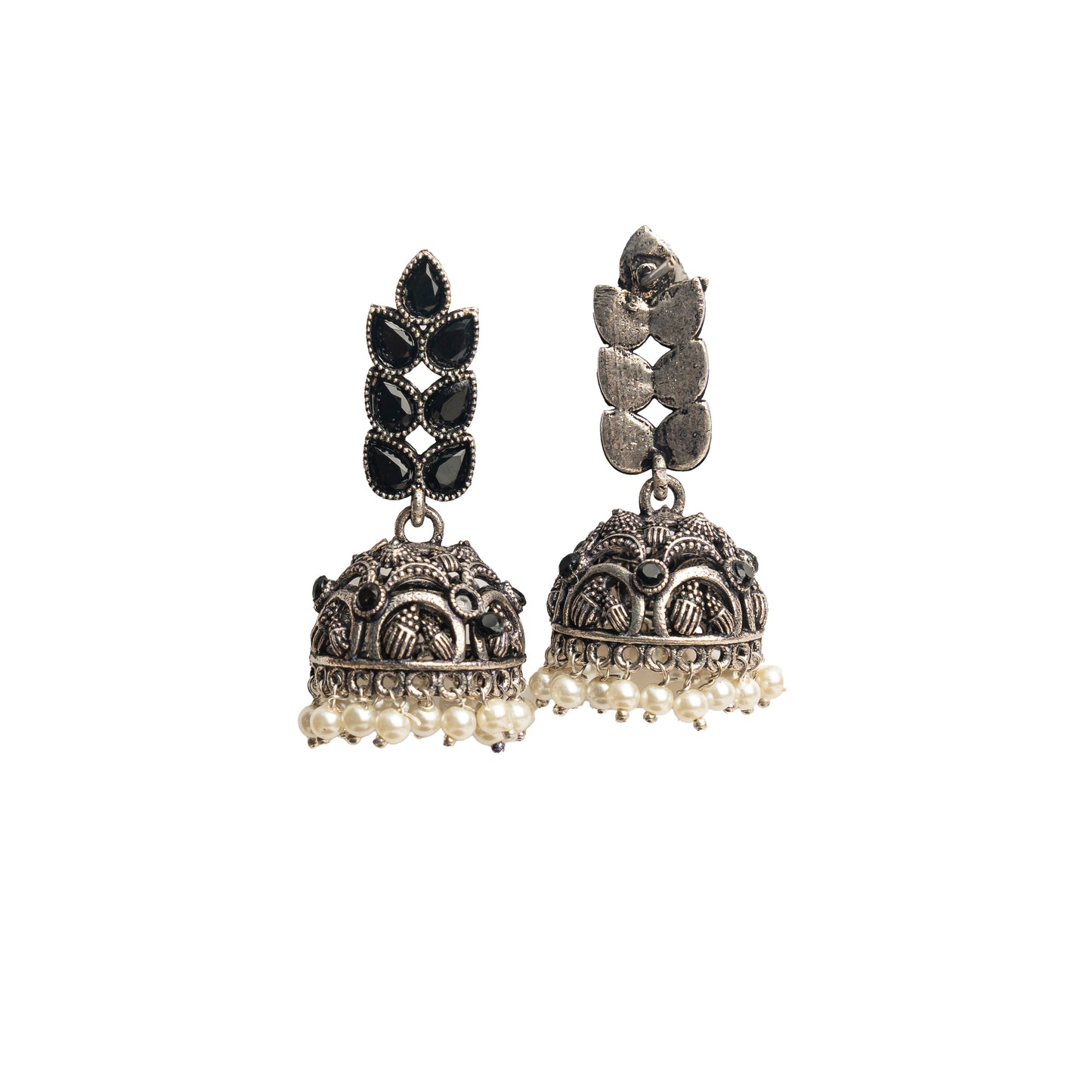 Black Stone Studded German Silver Danglers With Stone Embedded Brass Jhumki