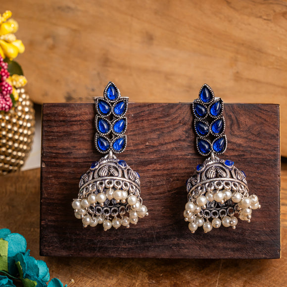 Blue Stone Studded German Silver Danglers With Stone Embedded Brass Jhumki