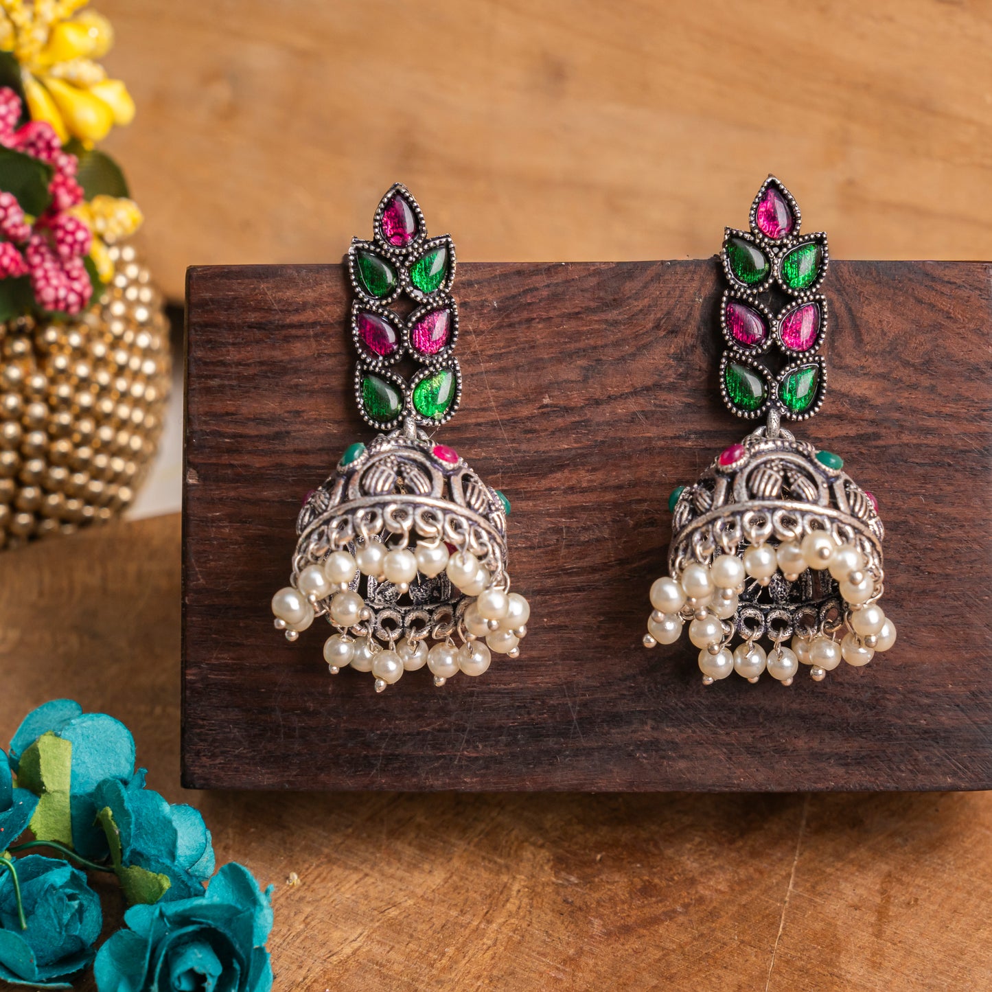 Multicolored Stone Studded German Silver Danglers With Stone Embedded Brass Jhumki