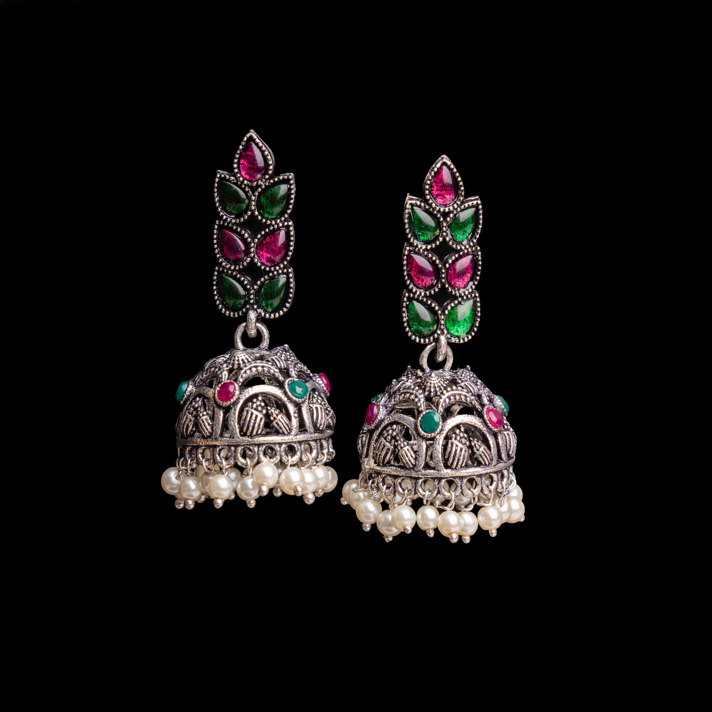 Multicolored Stone Studded German Silver Danglers With Stone Embedded Brass Jhumki