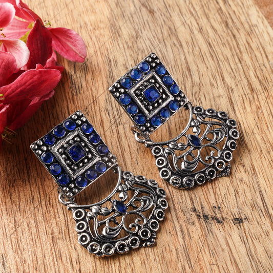 Blue Stone Studded Oxidised Earrings