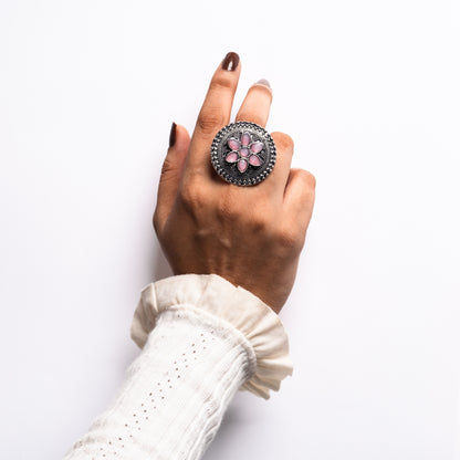 Baby Pink Stone Studded German Silver Adjustable Ring