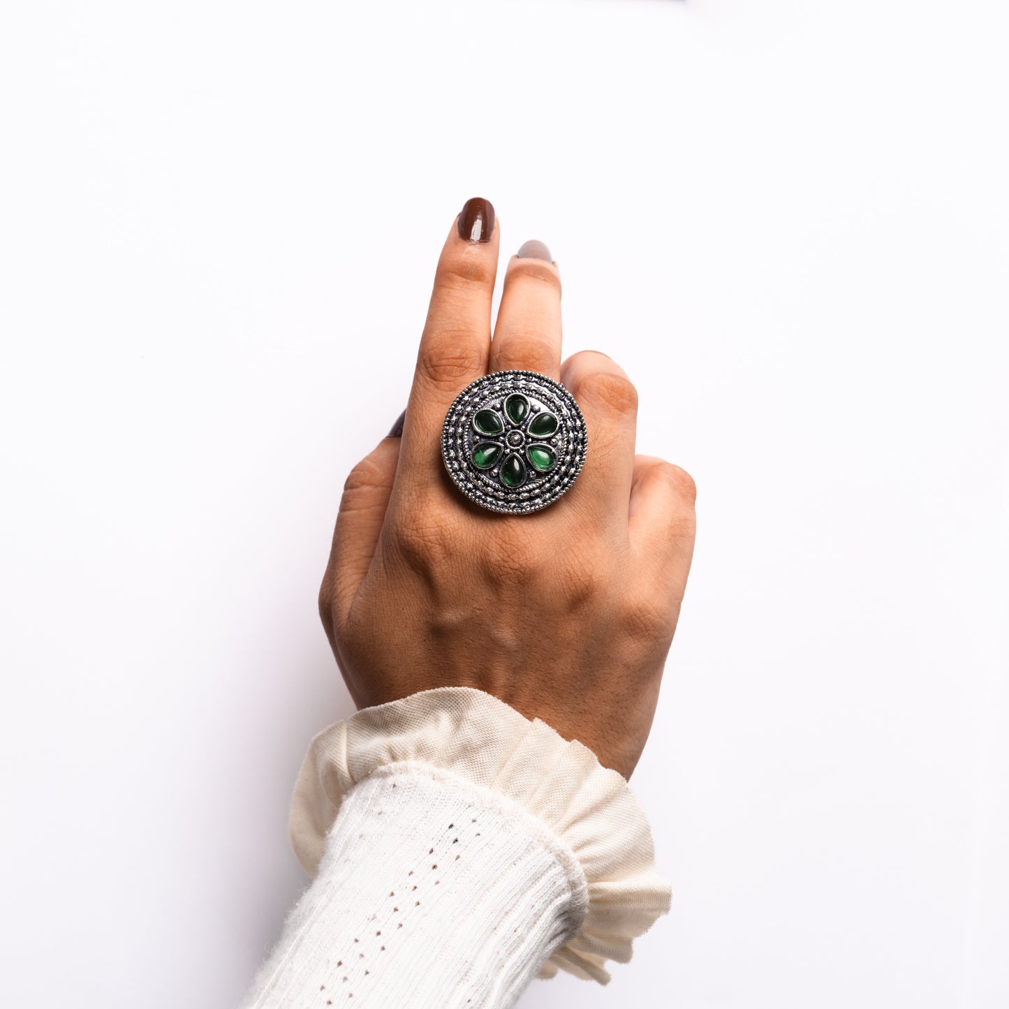 Green Stone Studded German Silver Adjustable Ring