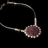 Stylish Brass Piped Neckpiece With Earrings Embellished With Red Stone And Pearls