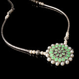 Stylish Brass Piped Neckpiece With Earrings Embellished With Pista Stone And Pearls