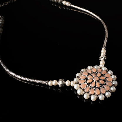 Stylish Brass Piped Neckpiece With Earrings Embellished With Light Orange Stone And Pearls