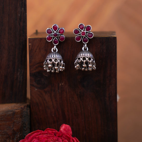 Red Stone Studded Oxidised Earrings With Hanging Jhumki