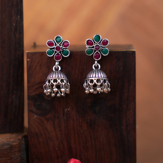 Multi Stone Studded Oxidised Earrings With Hanging Jhumki