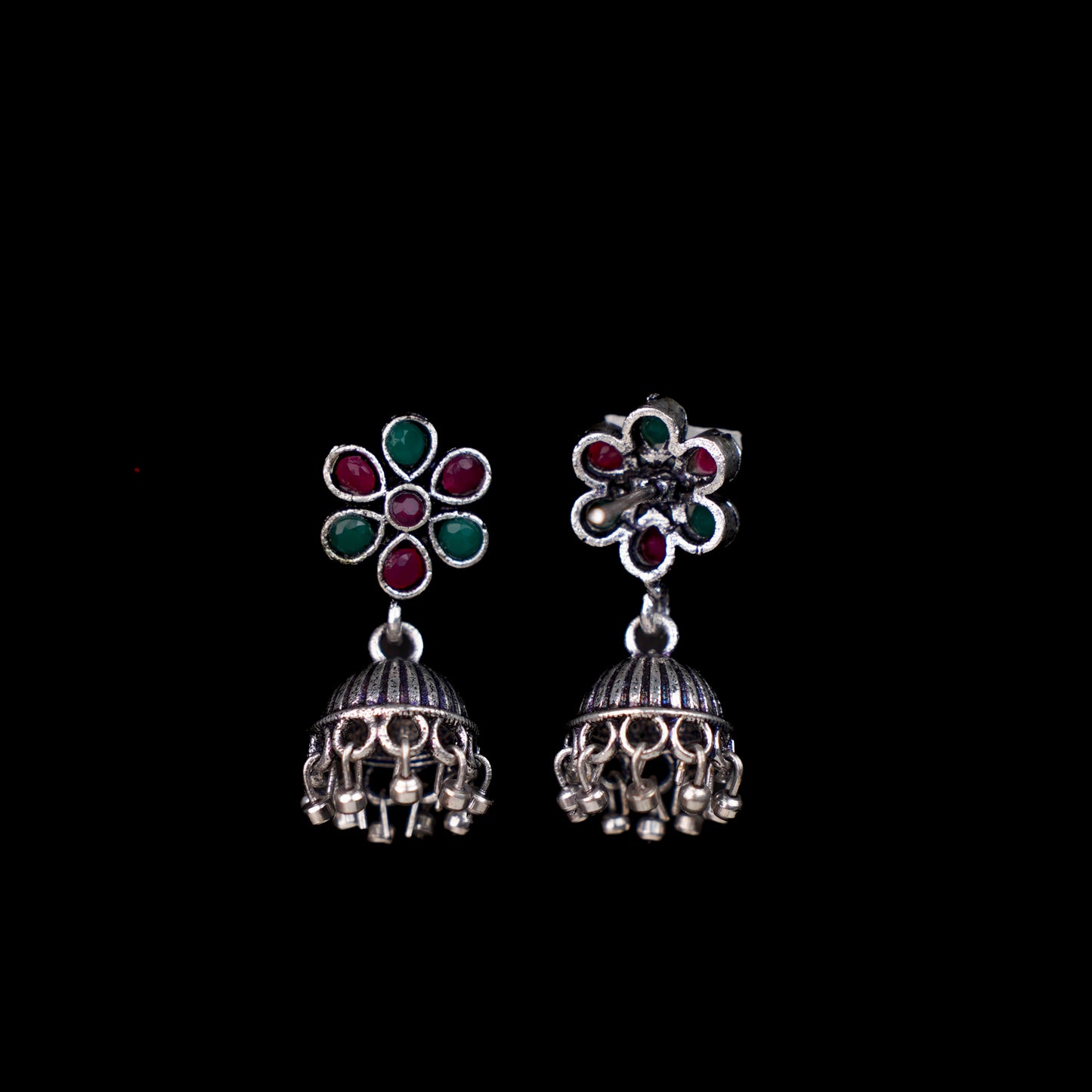 Multi Stone Studded Oxidised Earrings With Hanging Jhumki