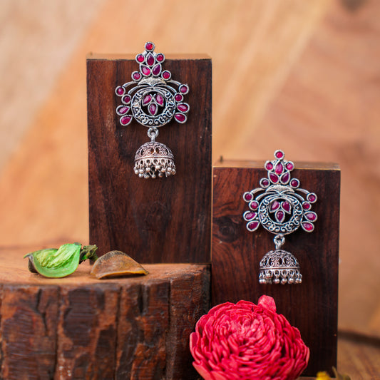 Red Stone Studded Oxidised Earrings With Hanging Jhumka