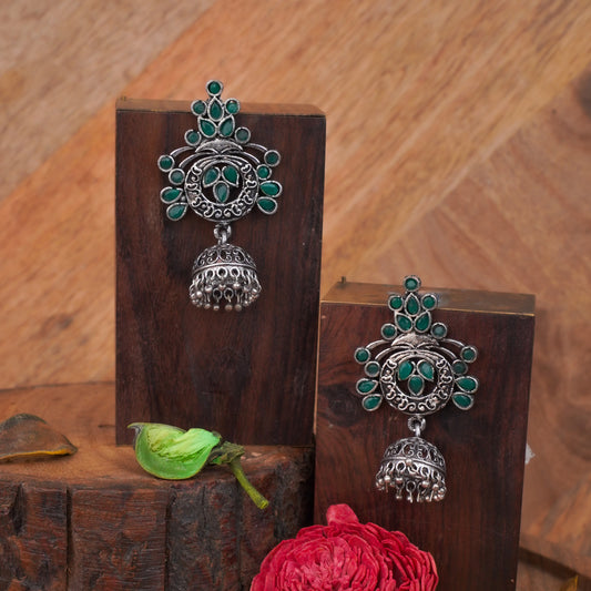 Green Stone Studded Oxidised Earrings With Hanging Jhumka