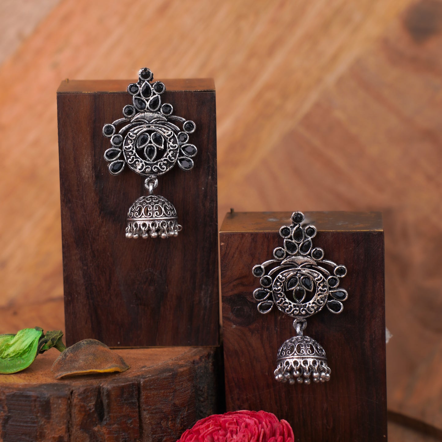 Black Stone Studded Oxidised Earrings With Hanging Jhumka