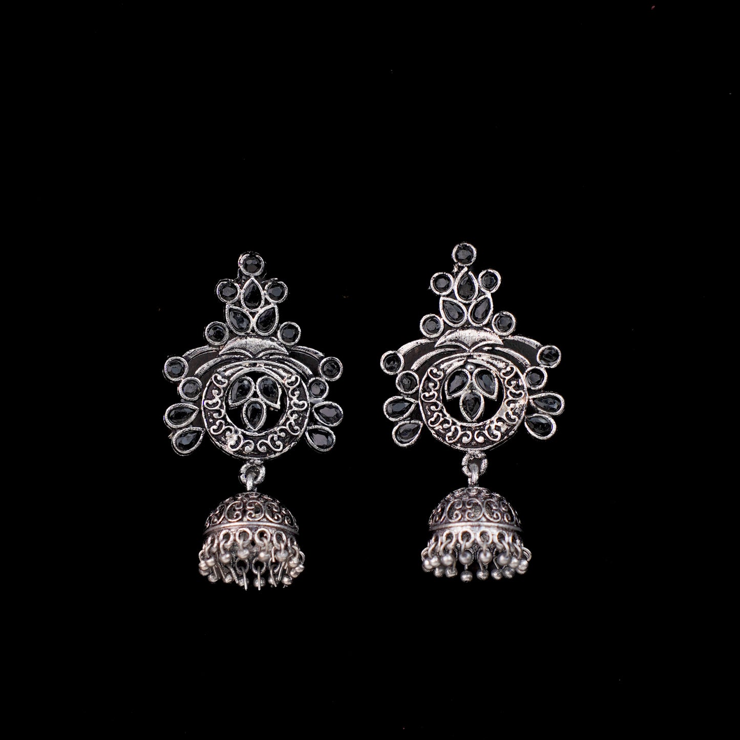 Black Stone Studded Oxidised Earrings With Hanging Jhumka