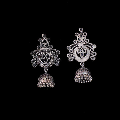 Black Stone Studded Oxidised Earrings With Hanging Jhumka