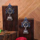 Blue Stone Studded Oxidised Earrings With Hanging Jhumka
