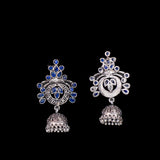 Blue Stone Studded Oxidised Earrings With Hanging Jhumka