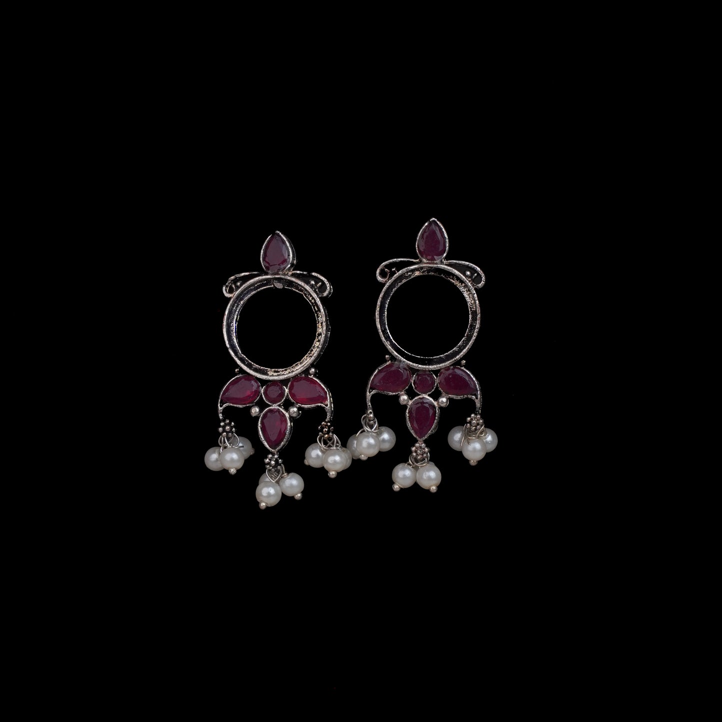 Red Stone Studded Oxidised Earrings With Hanging Pearls