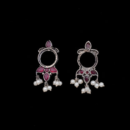 Red Stone Studded Oxidised Earrings With Hanging Pearls