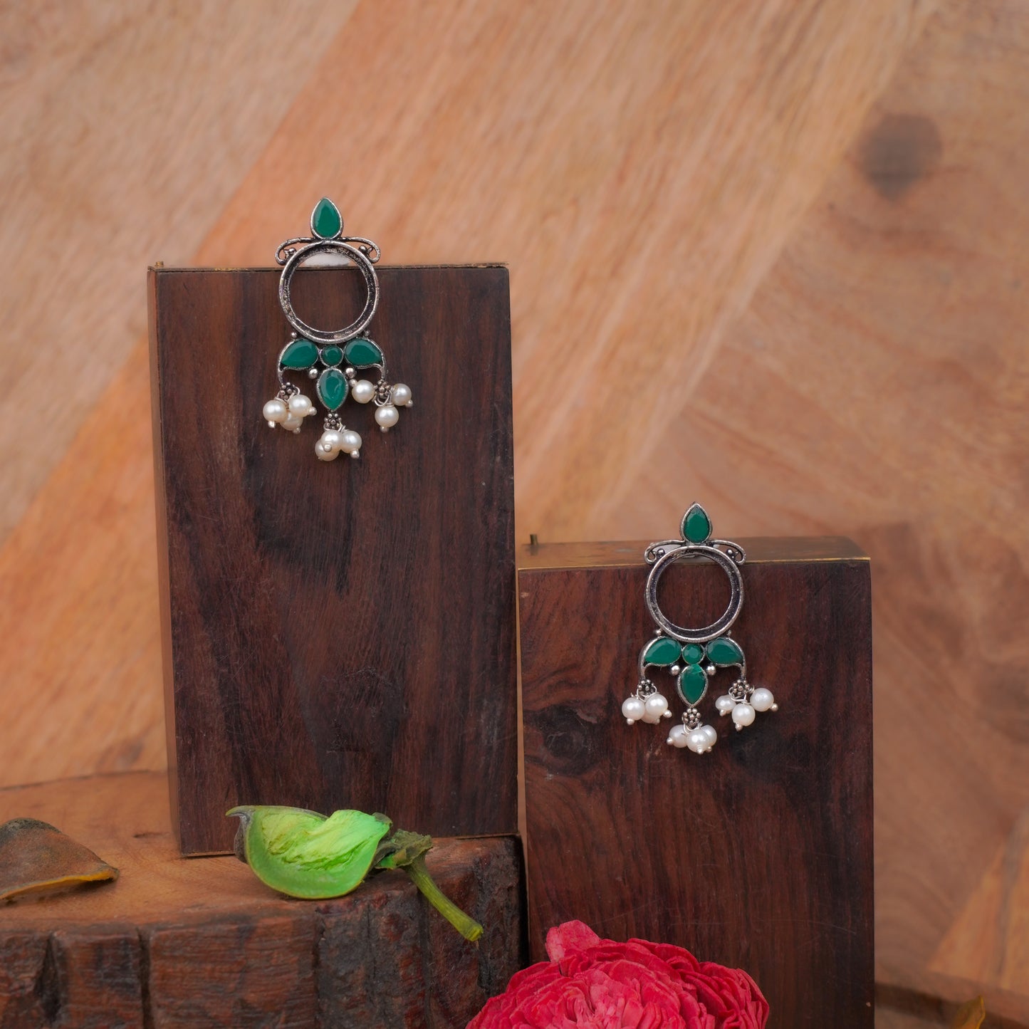 Green Stone Studded Oxidised Earrings With Hanging Pearls