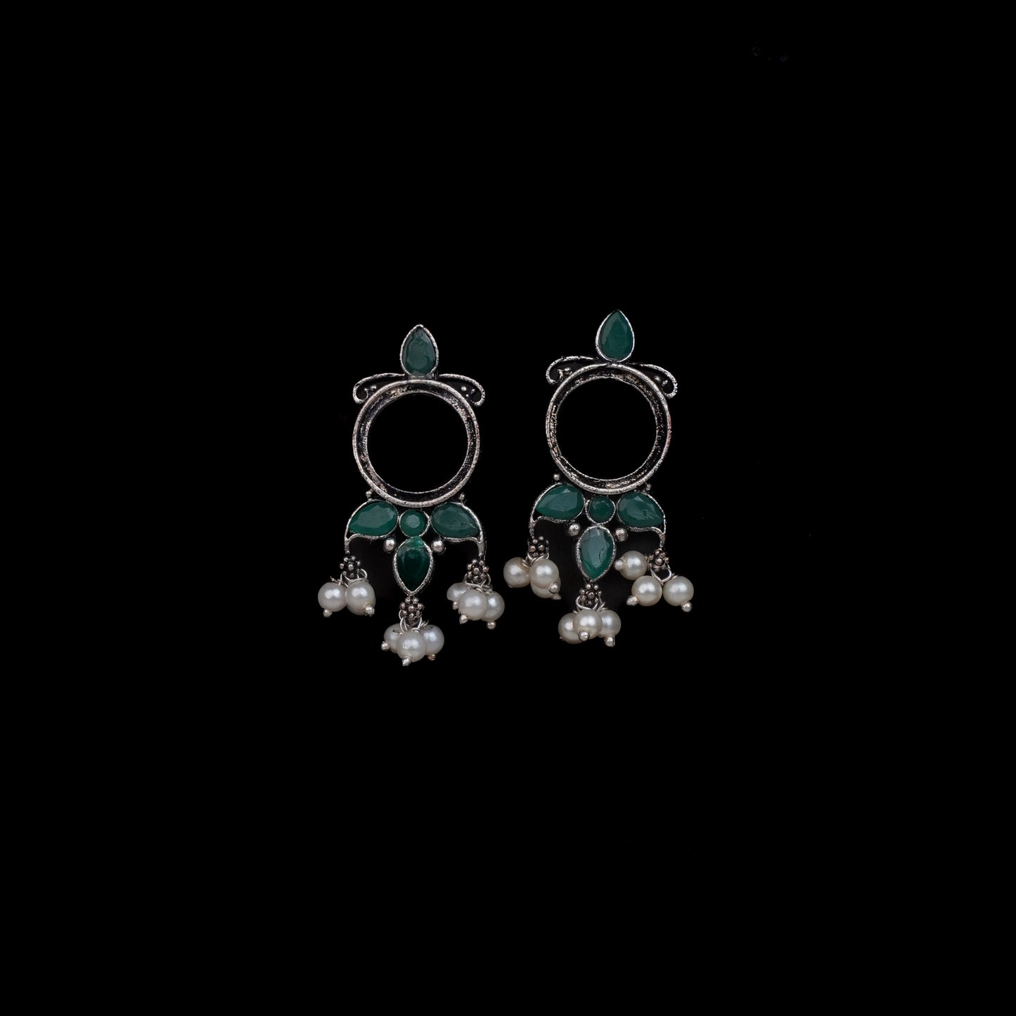 Green Stone Studded Oxidised Earrings With Hanging Pearls