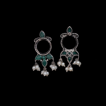 Green Stone Studded Oxidised Earrings With Hanging Pearls