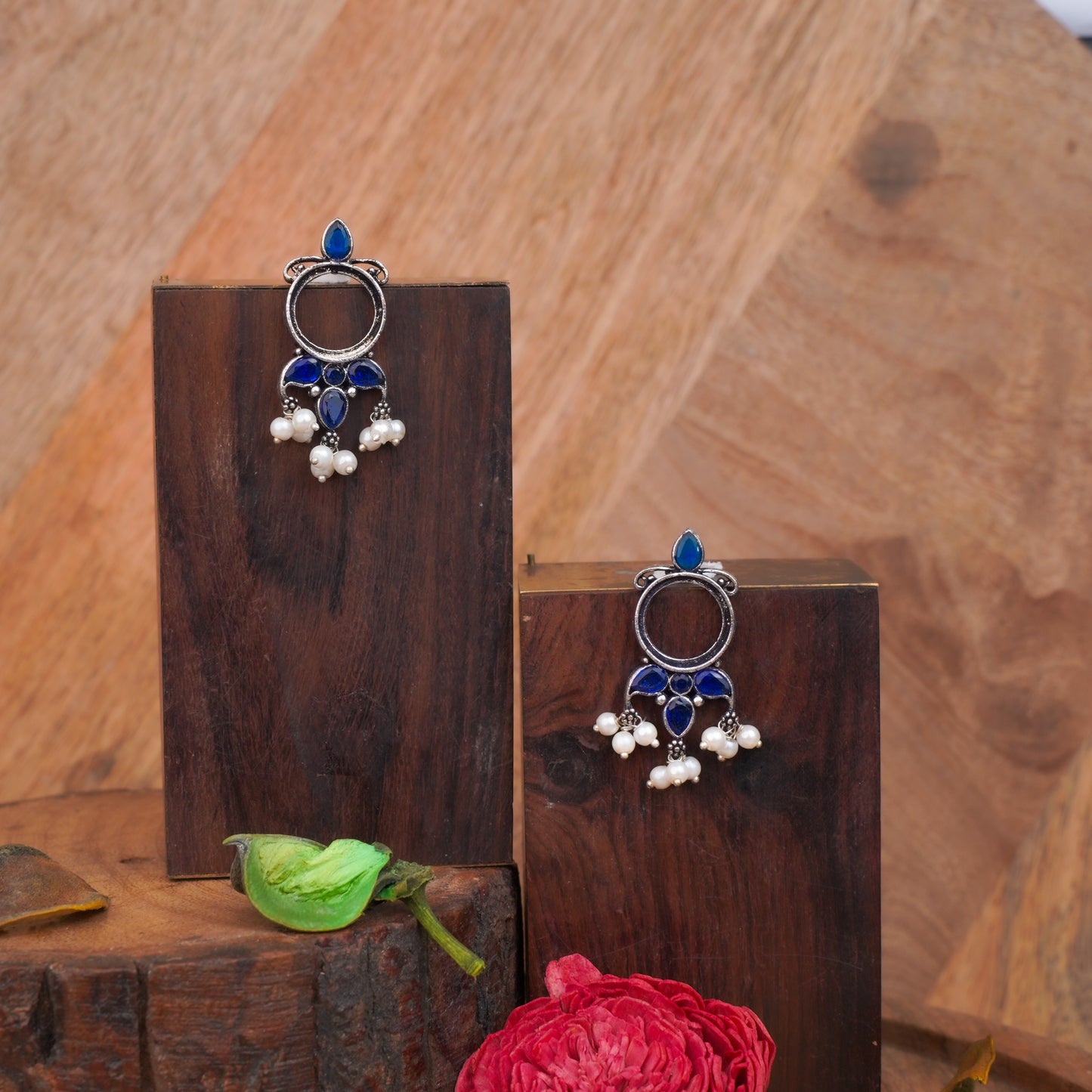 Blue Stone Studded Oxidised Earrings With Hanging Pearls