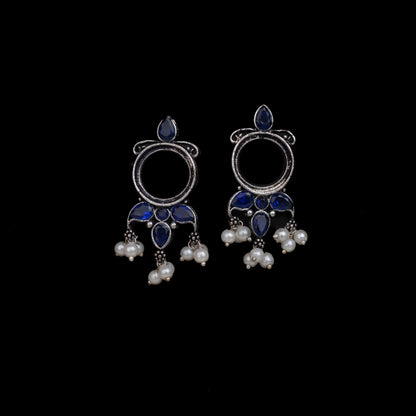 Blue Stone Studded Oxidised Earrings With Hanging Pearls