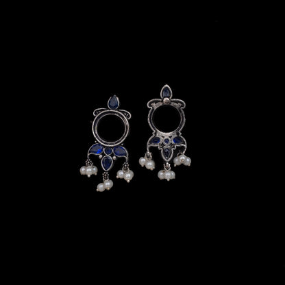 Blue Stone Studded Oxidised Earrings With Hanging Pearls