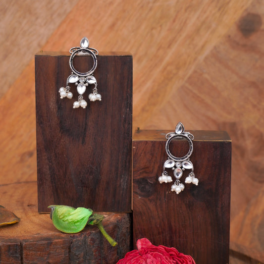 White Stone Studded Oxidised Earrings With Hanging Pearls