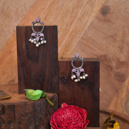 Baby Pink Stone Studded Oxidised Earrings With Hanging Pearls