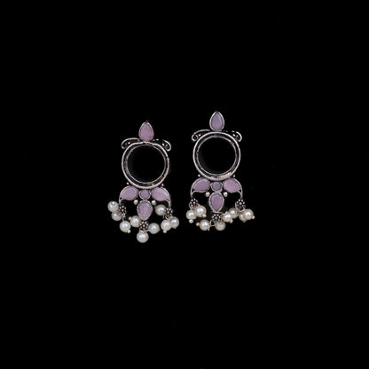 Baby Pink Stone Studded Oxidised Earrings With Hanging Pearls