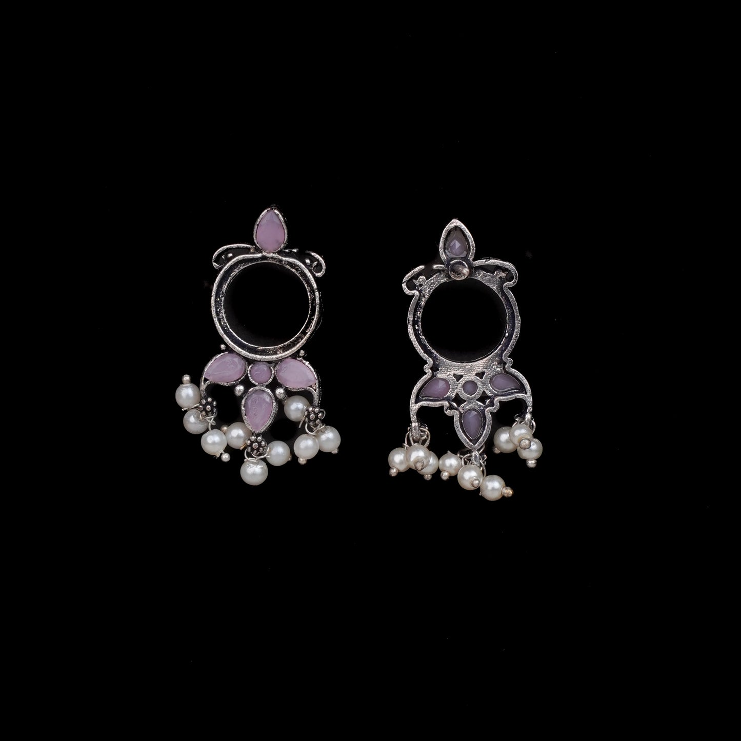 Baby Pink Stone Studded Oxidised Earrings With Hanging Pearls