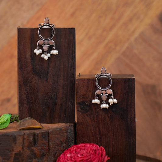 Light Orange Stone Studded Oxidised Earrings With Hanging Pearls