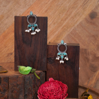 Mint Stone Studded Oxidised Earrings With Hanging Pearls