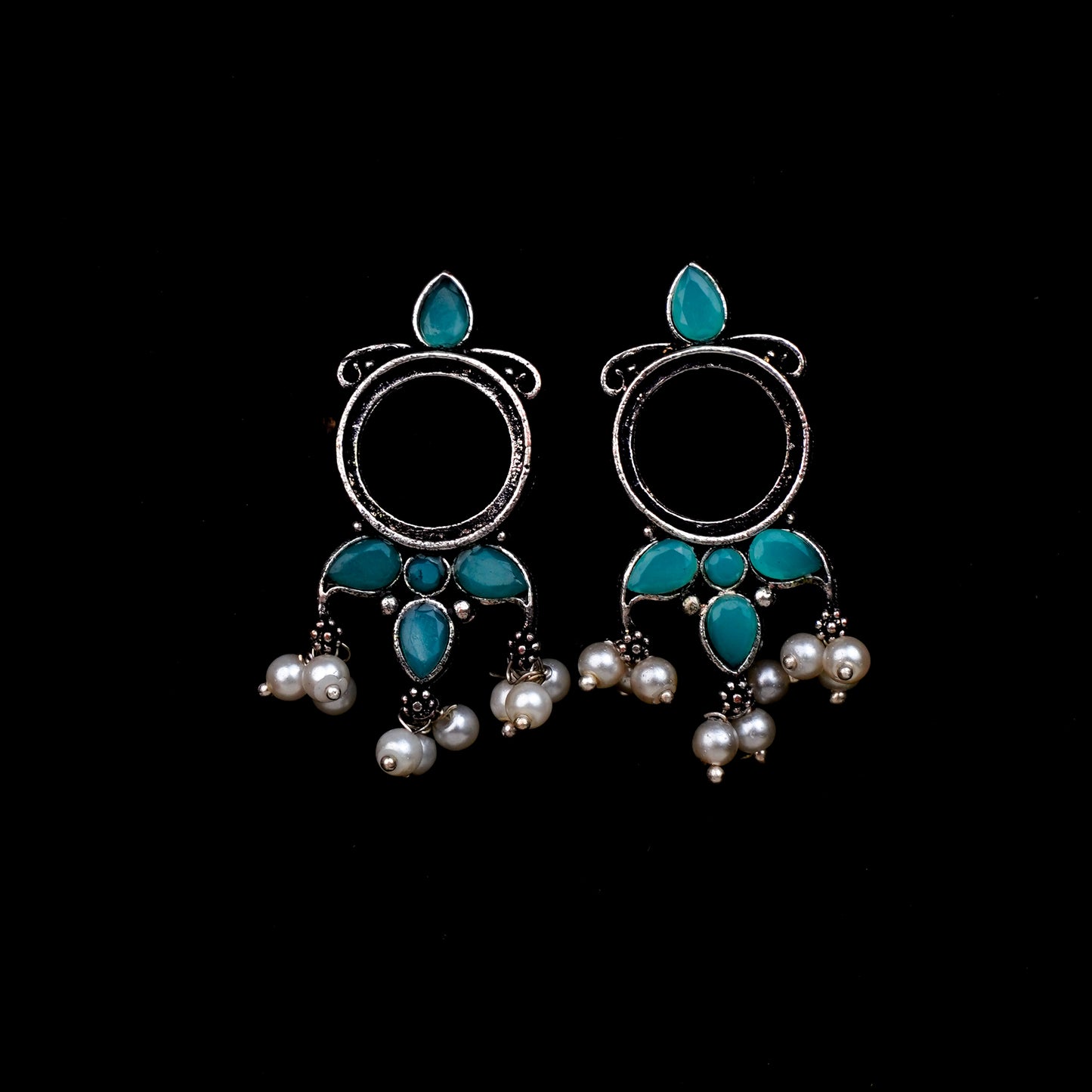 Mint Stone Studded Oxidised Earrings With Hanging Pearls