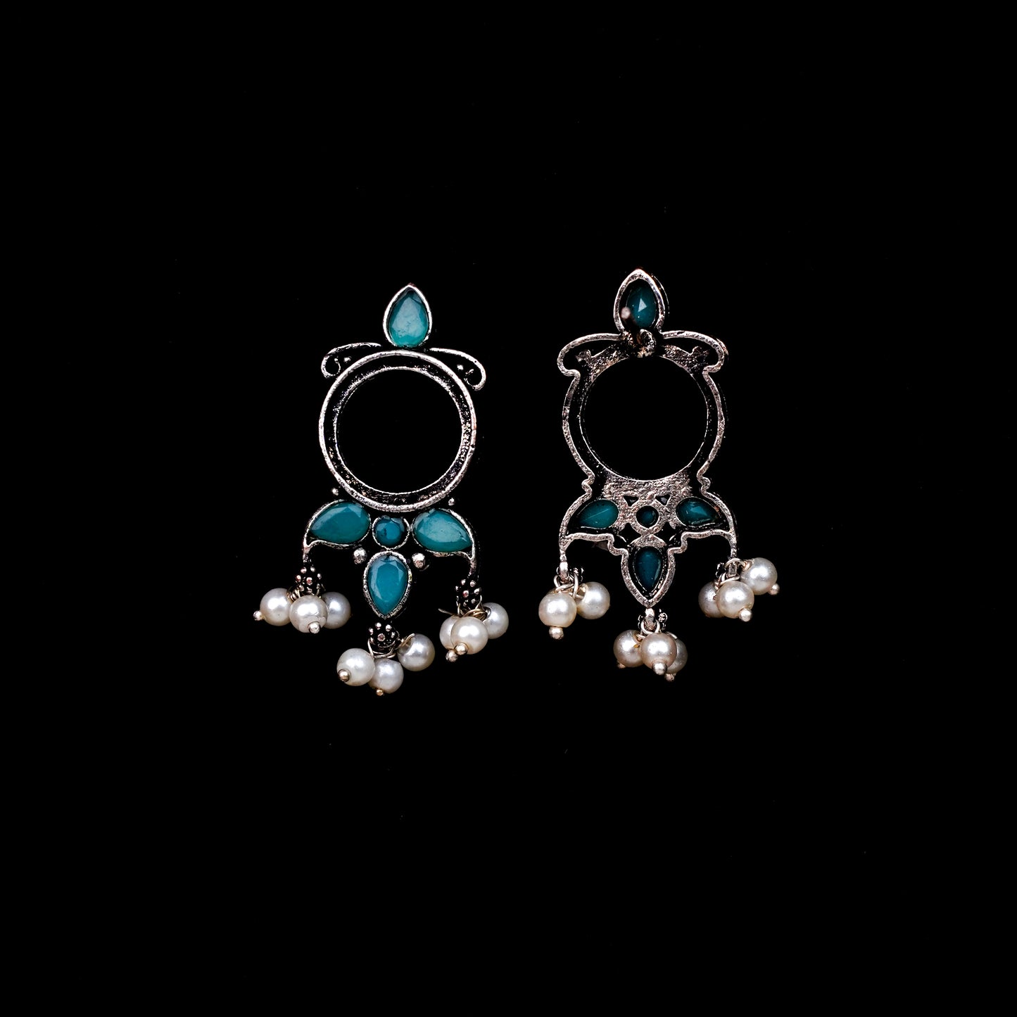 Mint Stone Studded Oxidised Earrings With Hanging Pearls