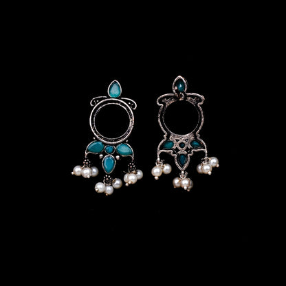 Mint Stone Studded Oxidised Earrings With Hanging Pearls