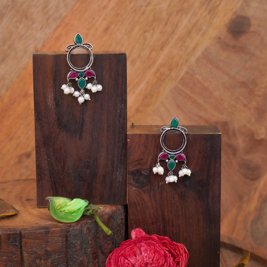 Multi Stone Studded Oxidised Earrings With Hanging Pearls