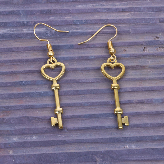 Key Shaped Golden Polished Oxidised Danglers