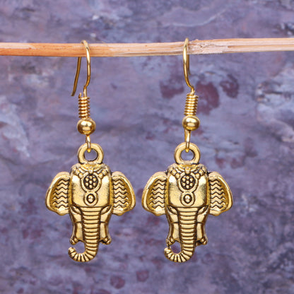 Elephant Head Shaped Golden Polished Oxidised Danglers