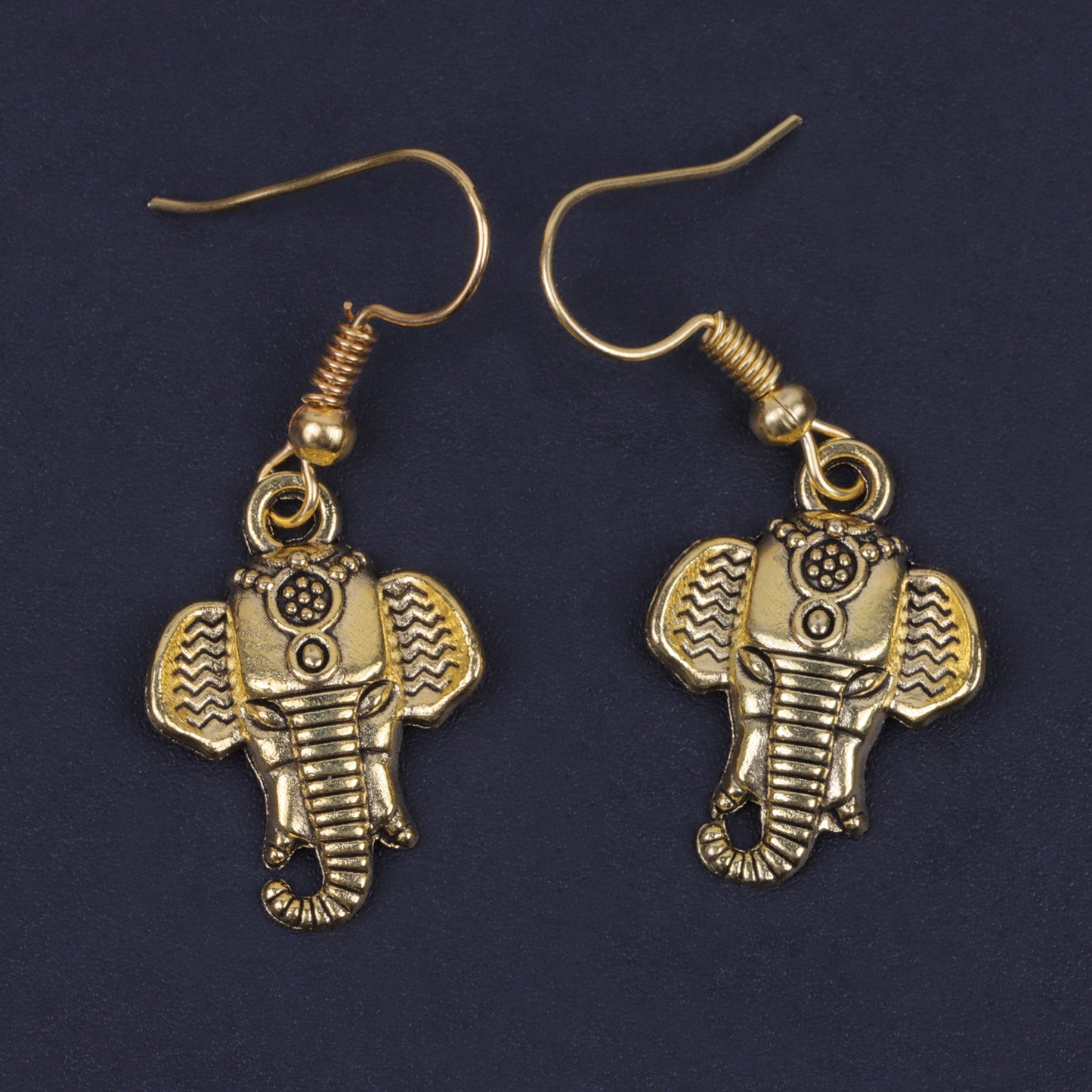 Elephant Head Shaped Golden Polished Oxidised Danglers