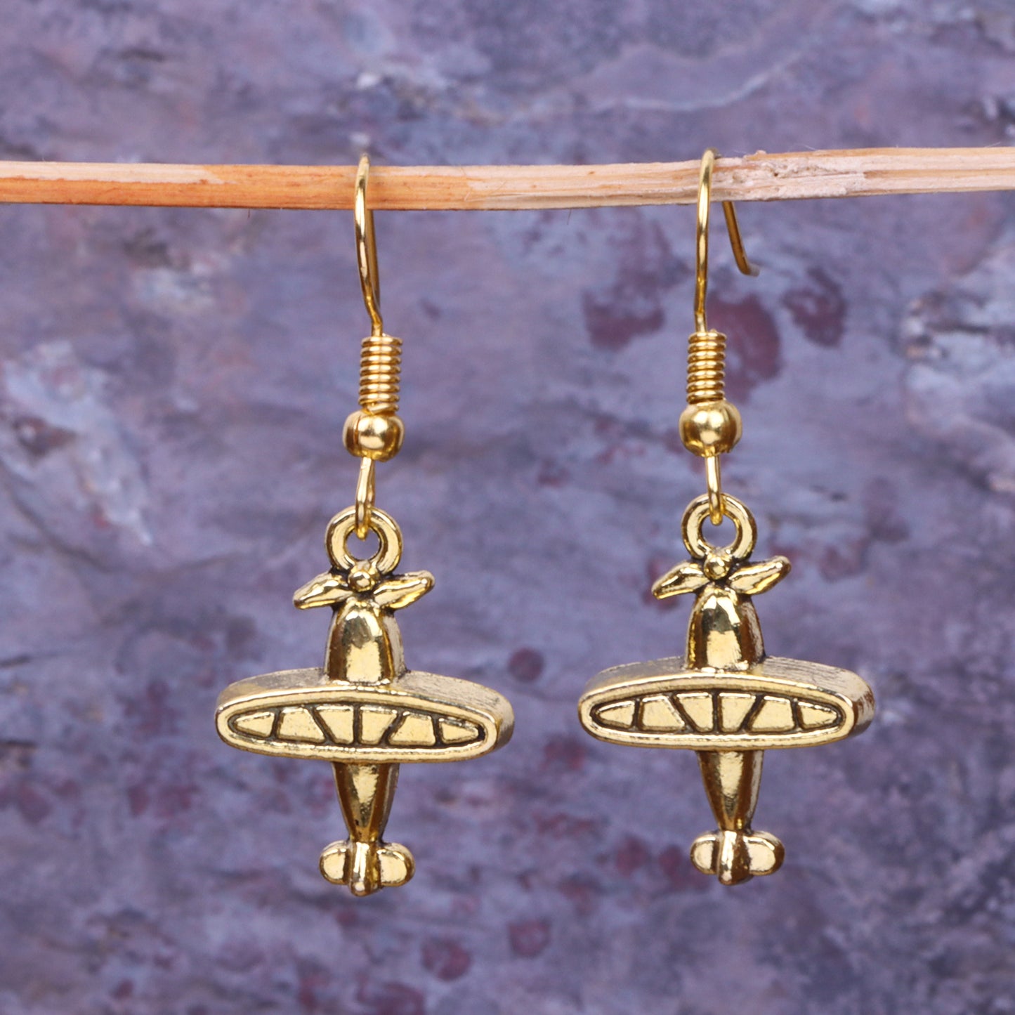 Small Airplane Shaped Golden Polished Oxidised Danglers