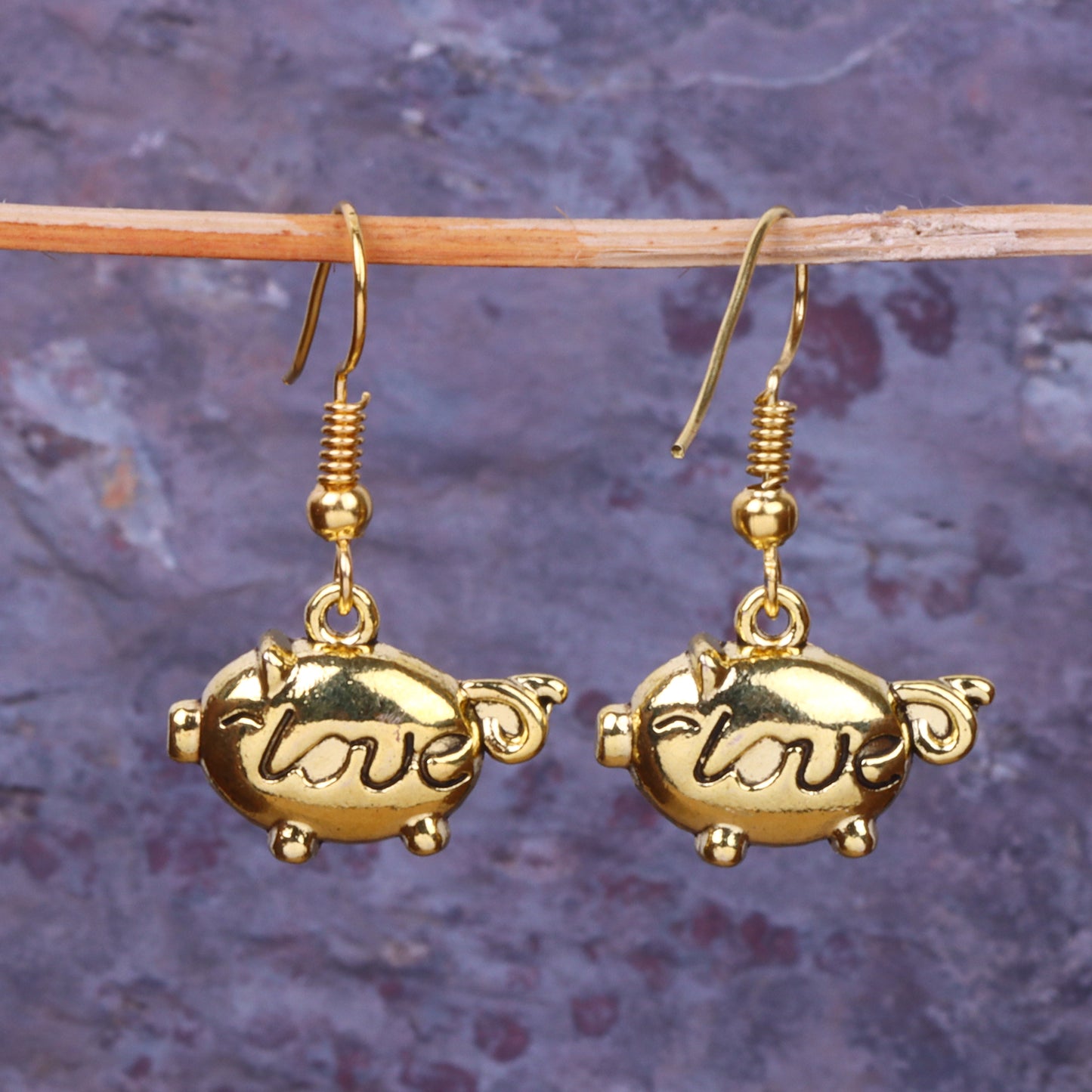 Piggy Shaped Golden Polished Oxidised Danglers