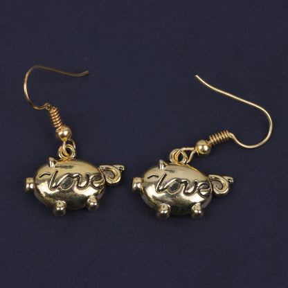 Piggy Shaped Golden Polished Oxidised Danglers