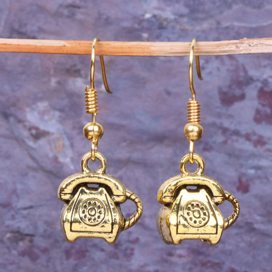 Antique Telephone Shaped Golden Polished Oxidised Danglers