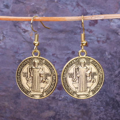 Saint Benedict Religious Circular Shaped Golden Polished Oxidised Danglers