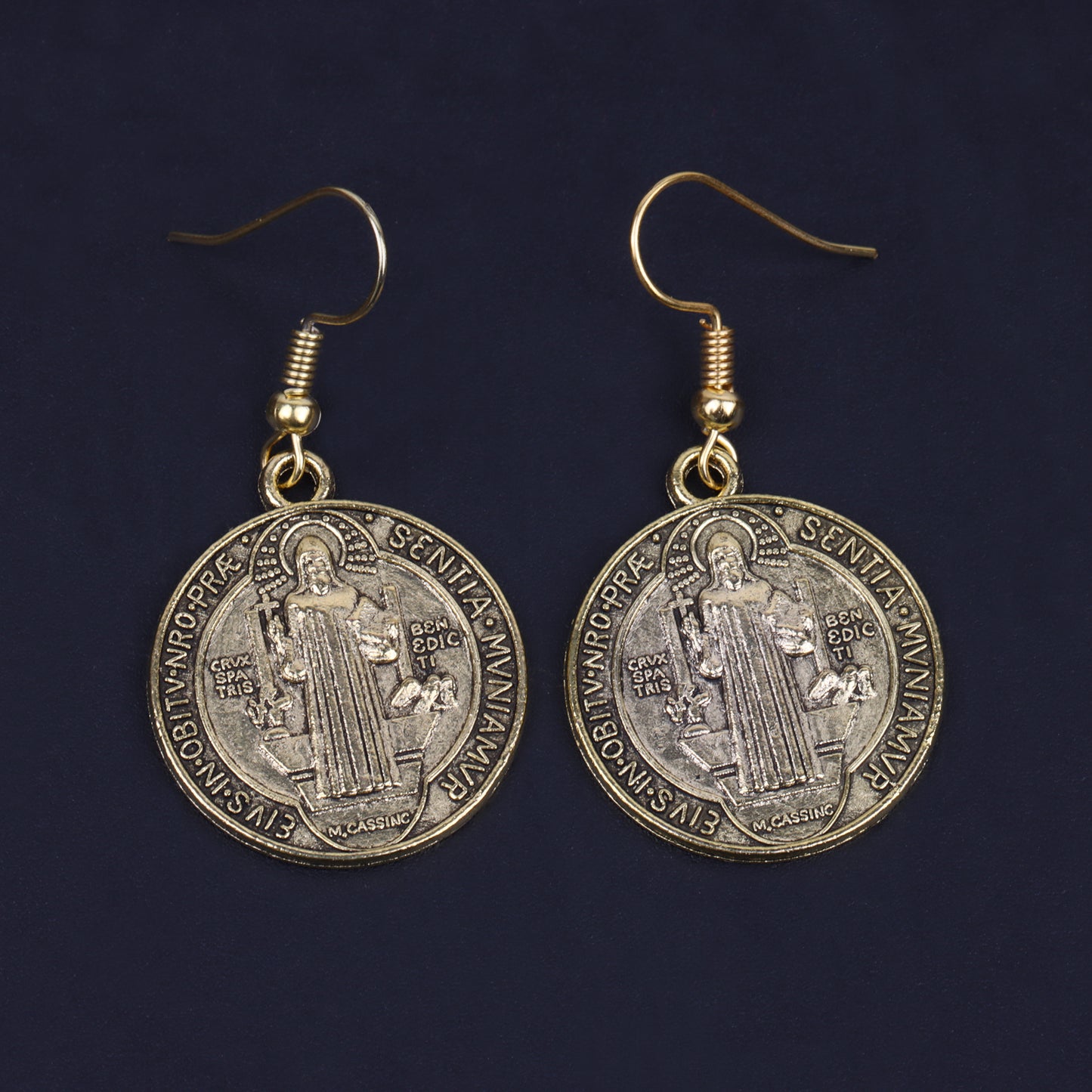 Saint Benedict Religious Circular Shaped Golden Polished Oxidised Danglers