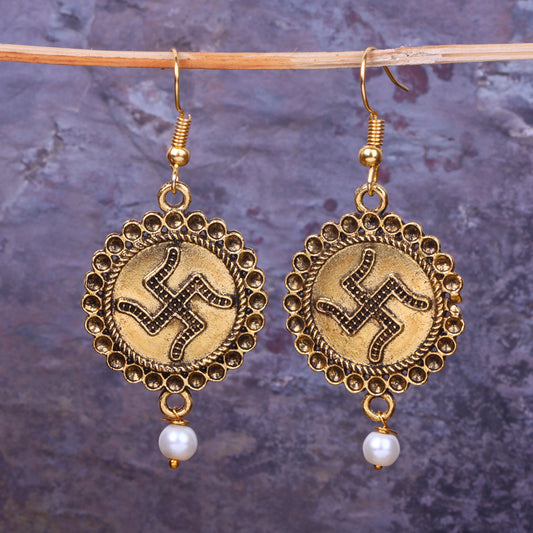 Swastik Shaped Golden Polished Oxidised Danglers