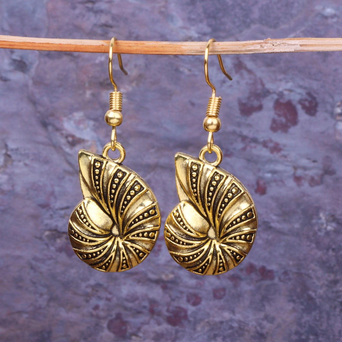 Nautilus Shell Shaped Golden Polished Oxidised Danglers